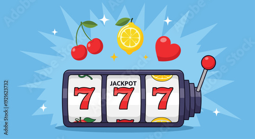 Lucky slot machine displays a jackpot with triple sevens surrounded by floating fruit symbols like cherries and lemons on a blue background.