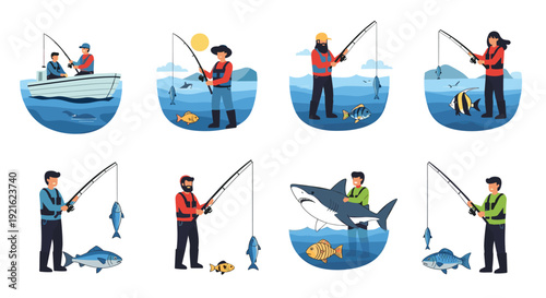 Collection of diverse fishing illustrations shows men and women catching various fish from boats and shores in different marine settings.