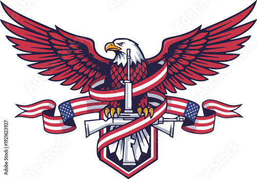 Patriotic Eagle with Rifle and American Flag Ribbon Emblem
