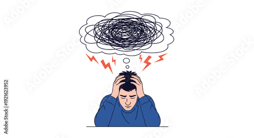 Stressed man sits with his head in his hands under a messy thought bubble and lightning bolts to represent anxiety, confusion, or pressure.