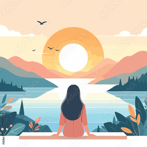 A serene woman sits on a dock watching a vibrant sunrise over a tranquil lake surrounded by majestic mountains and lush foliage