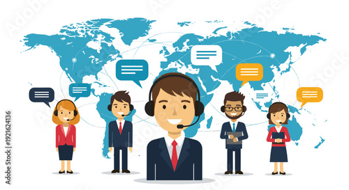 Professional global customer service team with headsets stands in front of a blue world map with floating speech bubbles for communication.