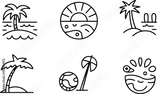 Colorful set of summer tropical island and beach icons in fun cartoon vector illustration