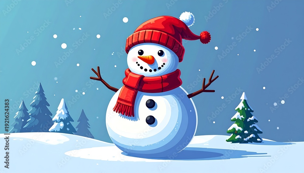 Fototapeta premium A cheerful snowman, crafted from pristine white snow, wears a vibrant red hat and scarf against a snowy backdrop with pine trees and gently falling flakes