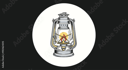 Classic silver kerosene lantern with a glowing orange flame is centrally placed within a white circle on a solid black background for focus.