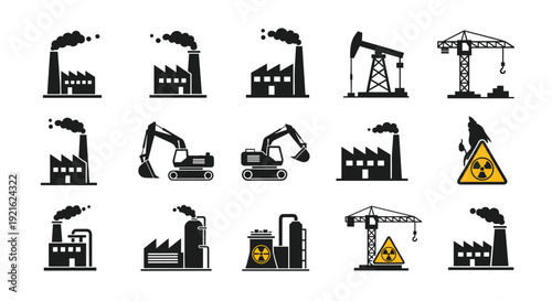 Collection of black industrial silhouettes features various factories, excavators, cranes, and oil rigs for industry and engineering themes.