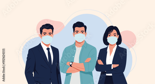 Three professional office workers in formal attire stand together while wearing blue medical face masks for health safety in a workplace.