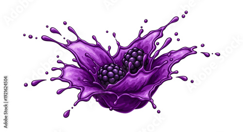 A purple liquid splashing around two ripe blackberries in a dynamic illustration from a front viewpoint.