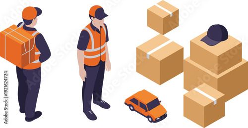 Isometric delivery worker with backpack parcels, cardboard boxes and van, logistics shipping and courier service concept illustration