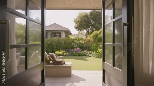 Cinematic slow opening of elegant double doors revealing a sun-drenched lush garden with blooming flowers and comfortable outdoor seating, symbolizing transition, new beginnings, and serene escape.