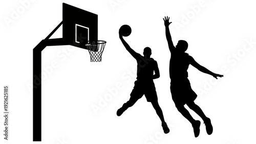 Basketball Duel: Two basketball players engage in a dynamic silhouette of action, with one player aiming for a slam dunk and the other reaching up to defend in a moment of sporting excellence.