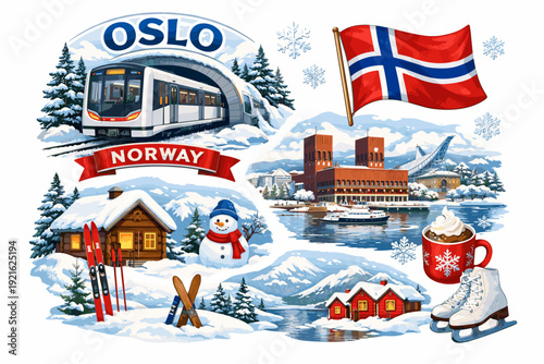 Oslo Norway winter travel collage with landmarks, flag and seasonal icons, Scandinavian tourism illustration