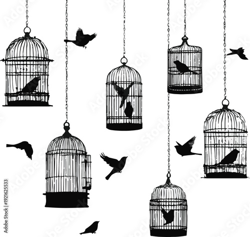 Create a different kinds of Bird cages with birds silhouettes. Black wall decals with flying birds in cages, minimalistic decorative art for interior vector art with white background
