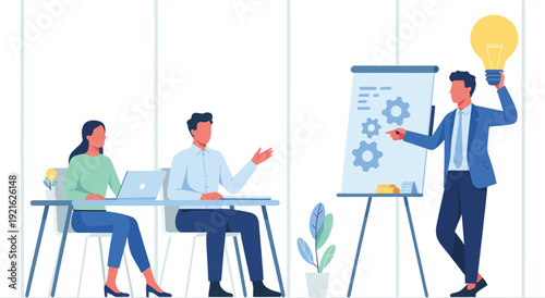business meeting illustration showing teamwork, idea sharing, presentation and collaborative office discussion