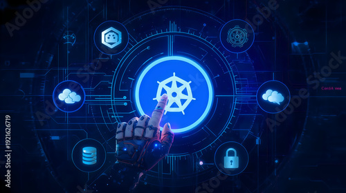 Robot Hand Touching Kubernetes Icon in Blue Digital Network Interface isolated on Transparent Background