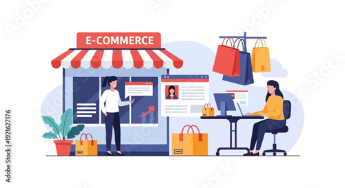 E-commerce Online Shopping & Digital Business. Women managing virtual store operations, sales analytics, and customer orders from a modern platform.