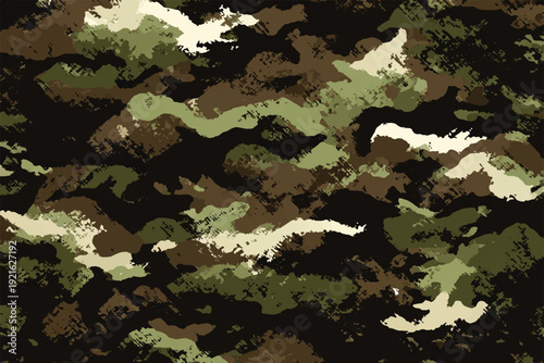 Seamless woodland camouflage pattern with organic shapes in forest green, brown, and khaki. Realistic military-style fabric texture background for tactical gear, hunting apparel, and army-themed
