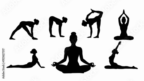 Yoga Silhouette: An artful series of yoga poses, each figure captured in elegant silhouette, perfect for conveying balance, strength, and serenity.