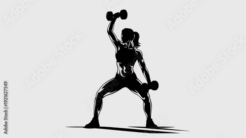 Silhouette of Strength: A determined woman, rendered in striking silhouette, lifts dumbbells in a display of strength and dedication, embodying the essence of fitness.