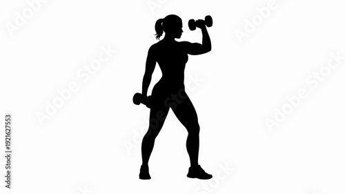 Strength in Silhouette: A powerful woman silhouette diligently lifts dumbbells, showcasing unwavering determination and commitment to fitness goals. 
