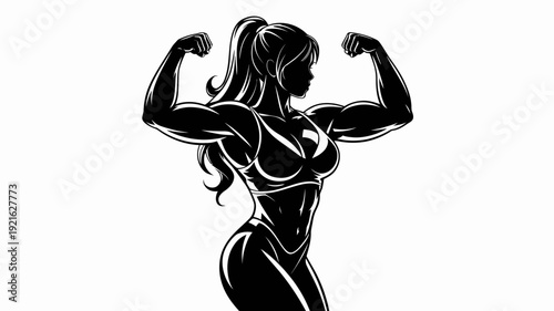 Strong Woman Silhouette: A powerful silhouette of a woman flexing her muscles, exuding strength and determination. Capturing the essence of physical fitness, empowerment.
