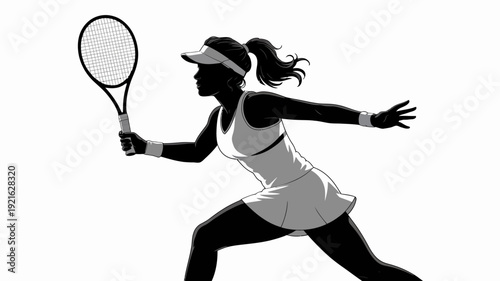 Tennis Player Silhouette: A dynamic silhouette of a female tennis player poised and ready to return a serve, capturing the essence of athleticism and competitive spirit.