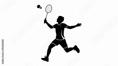 Dynamic badminton player in action: A silhouette captures the power and grace of a badminton player in mid-swing, poised to smash the shuttlecock with precision and skill. 
