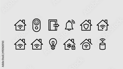 Smart Home Icons: A collection of sleek and minimalist icons representing various aspects of smart home technology, signifying connectivity, control, and modern living.