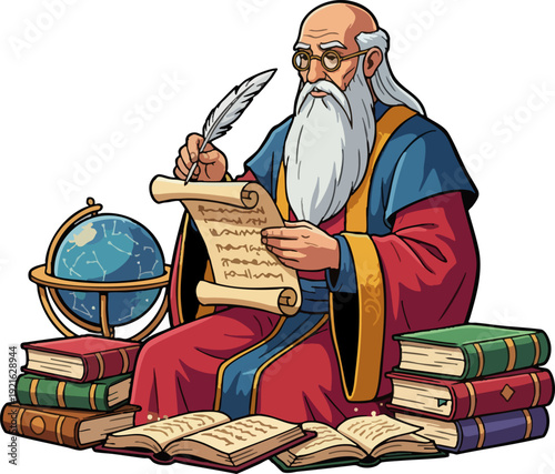 Wise Old Scholar Writing with Quill and Books
