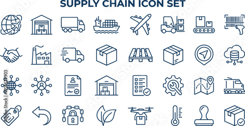 Supply chain management icon set for logistics and transportation