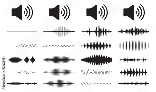 Sound wave collection featuring various frequency patterns and volume level speaker icons for audio