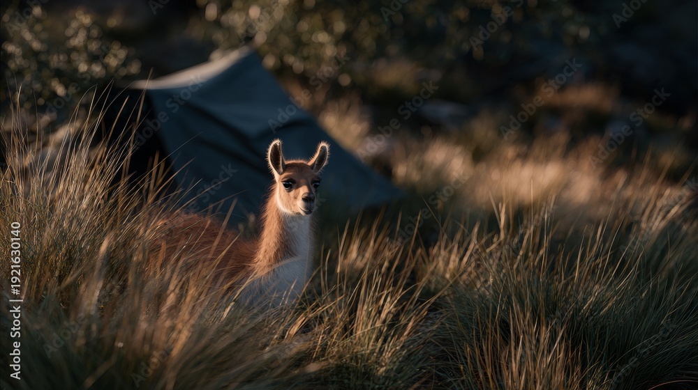 Naklejka premium Llama portrait in tall grass near tent during golden hour adventure