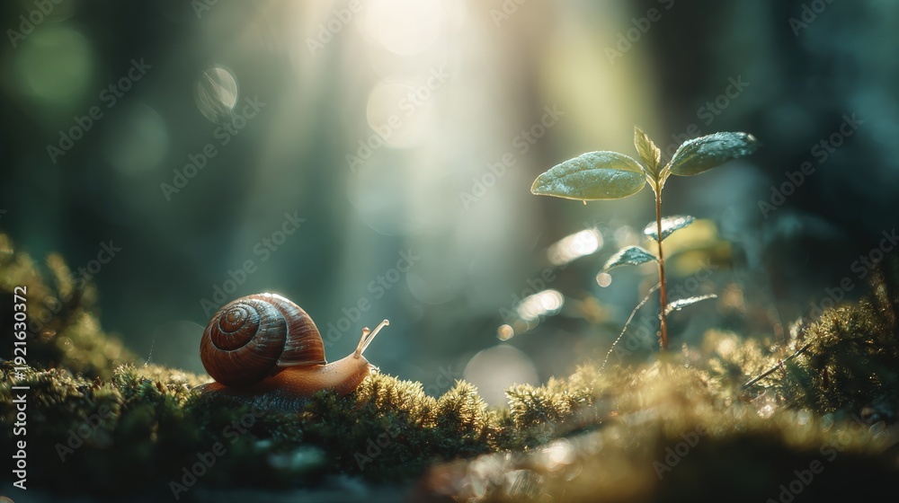 Fototapeta premium Cute Snail Crawling on Moss in Forest, Hyper Realistic