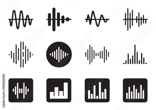 Audio waveform and equalizer icons set with circular and square graphic elements