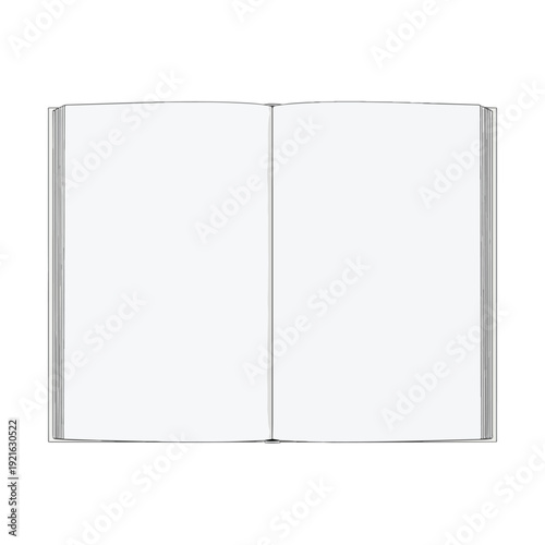 A cartoon-style illustration of a cute, open book with blank white pages against a plain white background.