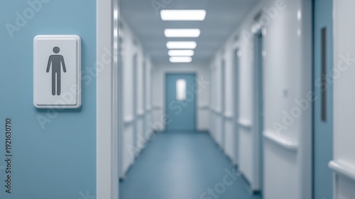Hospital reception area, A modern, clean hallway in a public facility with a men's restroom sign on the left wall.