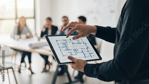 Male architect presenting digital residential floor plan on tablet during a professional team meeting