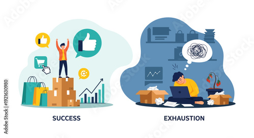 E-commerce Success and Growth vs. Work Exhaustion and Burnout. An illustration depicting business triumph, achievement, stress, and entrepreneurial struggle.