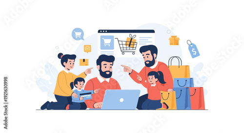 Wallpaper Mural Family Online Shopping Illustration: E-commerce Experience with Laptop & Credit Card Torontodigital.ca