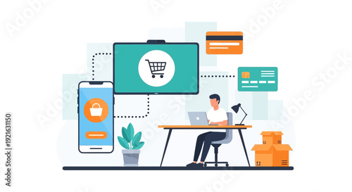 Online Shopping and E-commerce Concept Illustration: Customer, Laptop, Smartphone, Credit Cards, and Delivery Boxes
