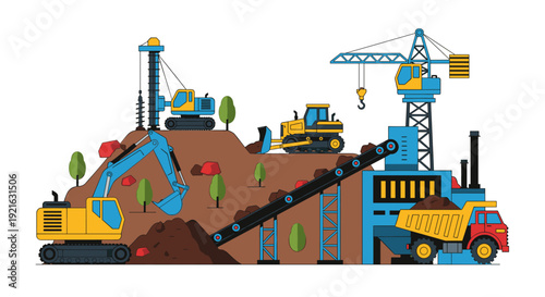 Mining landscape with excavators, bulldozer, crane and dump truck