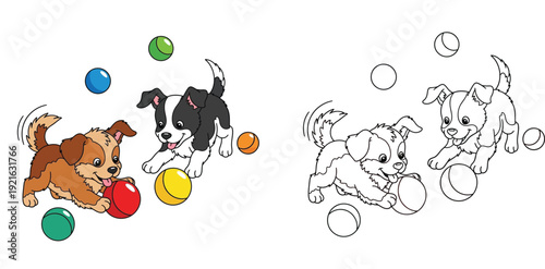 Playful Cartoon Puppies Chasing Colorful Balls - Energetic Outline and Colored Dog Illustrations
