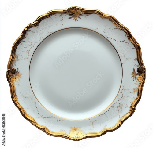 top view ornate white porcelain plate with scalloped gilded rim and delicate gold floral accents conveying elegant luxurious vintage tableware