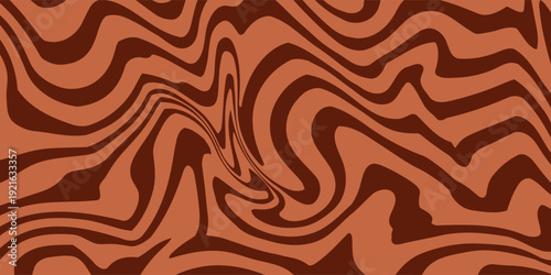 Retro coffee color background. Milk chocolate liquid dessert texture. Wavy swirl candy pattern for poster, cover, banner, pamphlet. Vintage brown trippy hippie wallpaper in 60s or 70s style. Vector