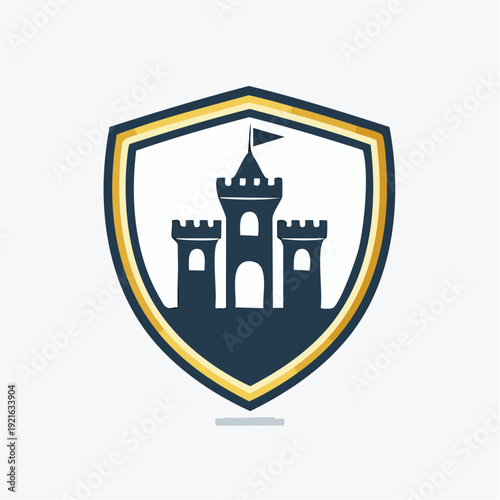 Strong castle fortress shield emblem; protective historic architectural security symbol