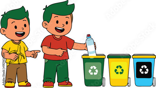 Eco Education Concept – Kids Learning Waste Sorting and Recycling