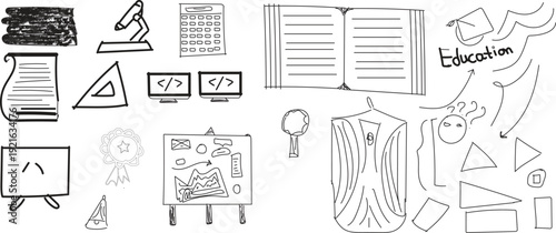 A collection of various objects and shapes in a sketchy style