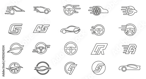 Collection of stylized car logos and emblems in a line art style.