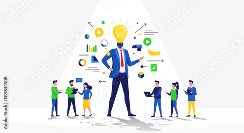 Business leader with lightbulb head inspiring team with data and ideas.