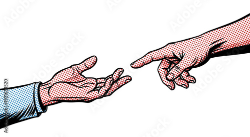 Two hands reaching out to touch a symbol of connection and unity.